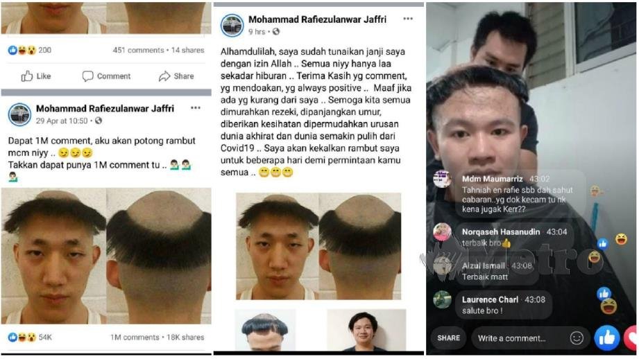 MOHAMMAD Rafiezulanwar menunaikan janjinya kepada warganet dengan memotong rambut secara langsung menerusi FB Live. FOTO Mohammad Rafiezulanwar Jaffri